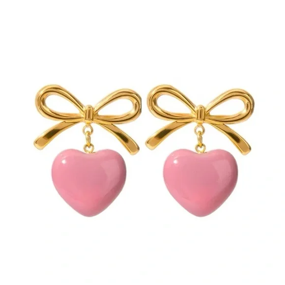 18k Gold Plated Bowknot Pink Heart Drip Oil Earrings - Picture 2 of 9